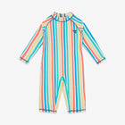 A striped children's swimsuit with long sleeves and short legs, featuring blue, yellow, coral, and white stripes.